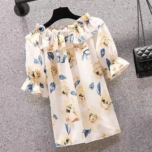 Larger size summer women's floral short-sleeve chiffon blouses and shorts sets for summer, slightly plus-size one-piece stylish two-piece sets
