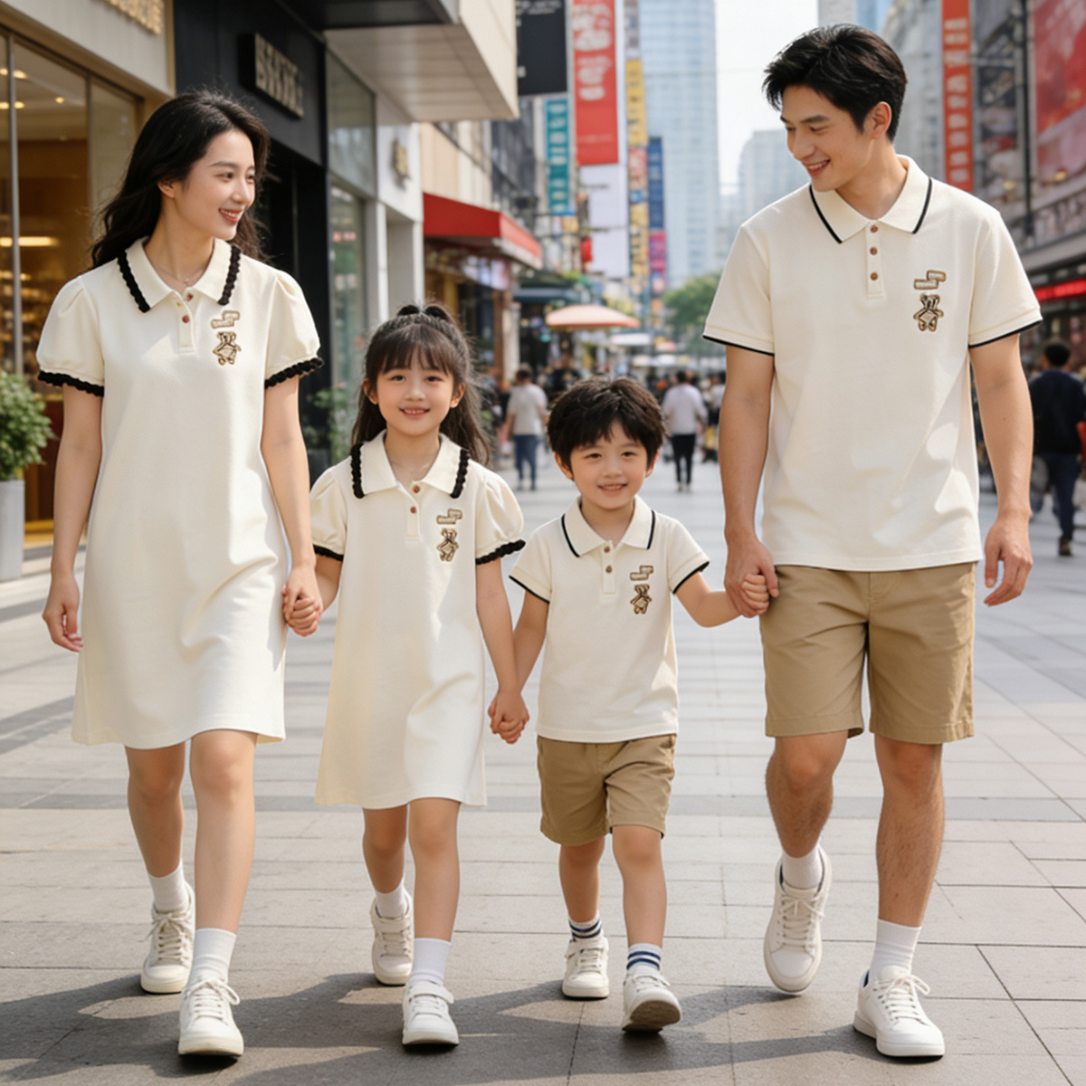 Oso bordado ropa padre-hijo verano una familia tres o cuatro madre-hijo madre-hija vestido bebé mameluco POLO solapa manga corta