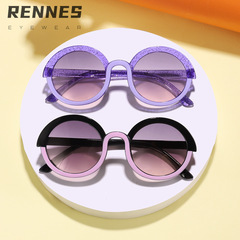 2024新款兒童可愛圓框畫漆潮流時尚太陽鏡戶外拍照沙灘防曬墨鏡