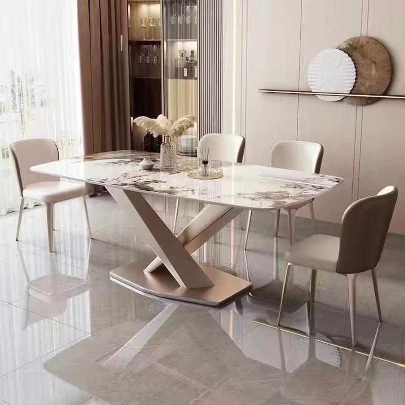 Mesa de comedor de tabla de roca de lujo ligera y silla combinada de estilo minimalista, mesa de comedor doméstica moderna y simple, mesa de comedor rectangular occidental