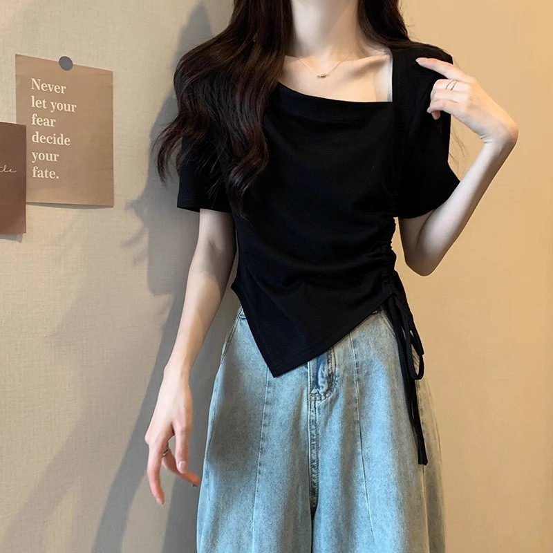Contrast Color Crewneck T-Shirt Women's Shoulder Top Summer Dress Spice Girl Chic Tight Waist Drawstring Letter Printing Short Sleeve