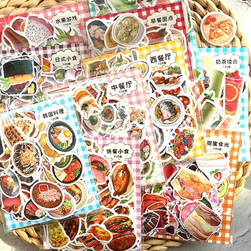 100枚不重复手账贴纸美食食物手绘蔬菜水果手帐本装饰小图案素材