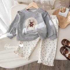 Girls' two-piece spring and autumn new suit 2025 Korean style printed sweatshirt fresh lace casual pants