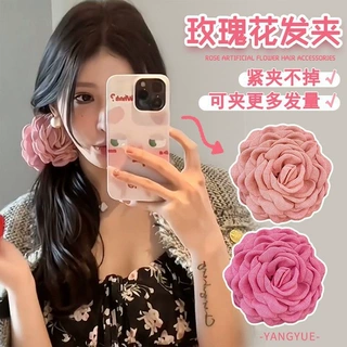 网红同款干枯玫瑰花发夹女后脑勺大红色头花花朵抓夹鲨鱼夹子头饰
