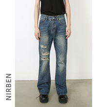 nirben牛仔|新品韩版宽松直筒破洞微喇牛仔裤潮男ins时尚个性裤子