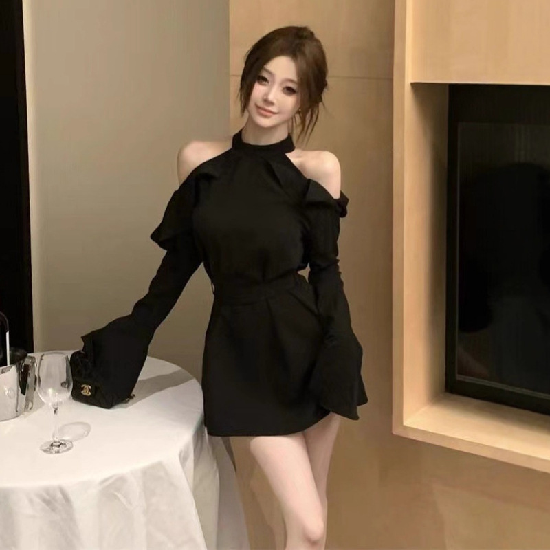 Pure Desire Sexy Off-Shoulder Halter Neck Long Sleeve Dress for Women, Korean Style, Slimming A-Line Waist, Black Elegant Short Dress for Spring and Autumn Pure Desire Sexy Off-Shoulder Halter Neck Long Sleeve Dress for Women, Korean Style, Slimming A-Line Waist, Black Elegant Short Dress for Spring and Autumn