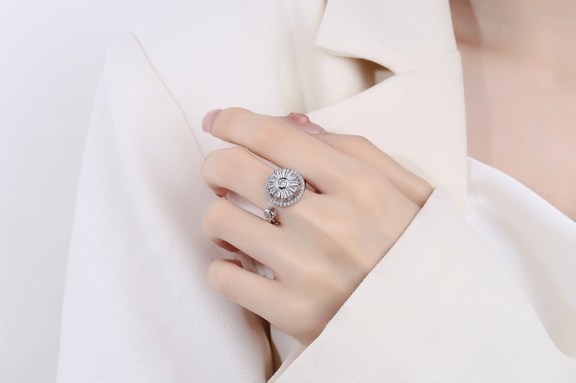 Fashion Flower Copper Plating Inlay Zircon Open Ring 1 Piece