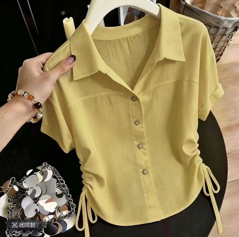 2026 New Korean Style Lapel Short-Sleeved Shirt for Women, Summer Drawstring Waist Slimming Versatile Top