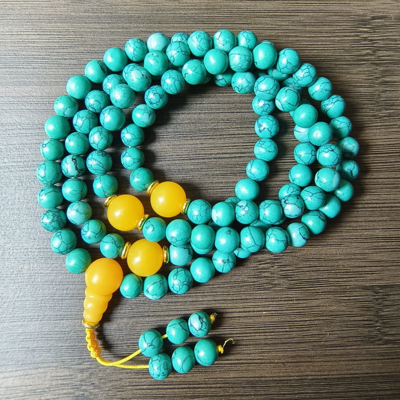 Turquoise rosary with round beads, elastic bracelet walnut