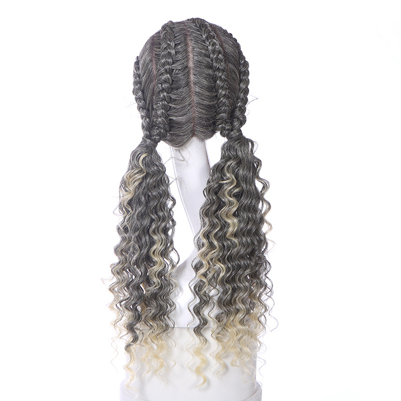 Gradiente marrón, dos hebras de trenzas, cola de cabello, rizado pequeño, encaje delantero, fibra química de seda japonesa, realista LW0226