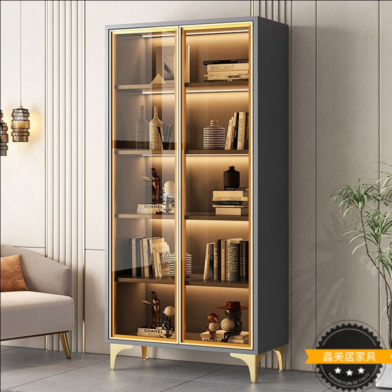 Bookcase with Glass Door, Transparent Wine Cabinet, Light Luxury Home Living Room, Integrated Wall Multi-Layer Bookshelf, Solid Wood Hand-Made