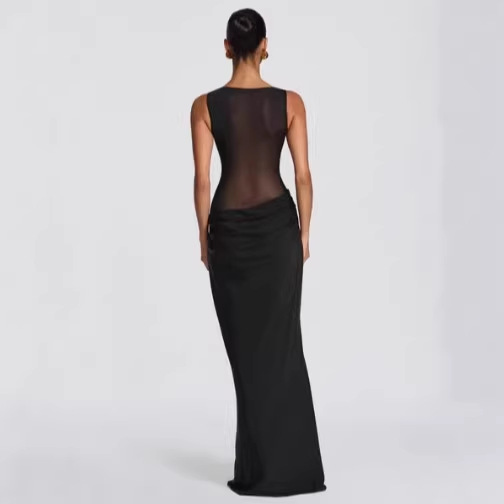 Women's Solid Color Patchwork Slim Fit Dress - Sheer Draped Evening Gown For Sophisticated Style_ecoleips.com