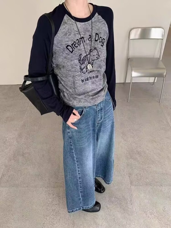 美式复古甜辣妹撞色插肩袖狗狗字母植绒晕染打底衫t恤女秋冬上衣|undefined