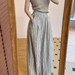 松弛感穿搭条纹棉麻阔腿裤女夏季小个子亚麻直筒宽松防晒拖地长裤