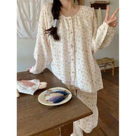 跨境专供外贸秋季韩系双层加厚棉纱粉色蝴蝶结家居服睡衣套装批发