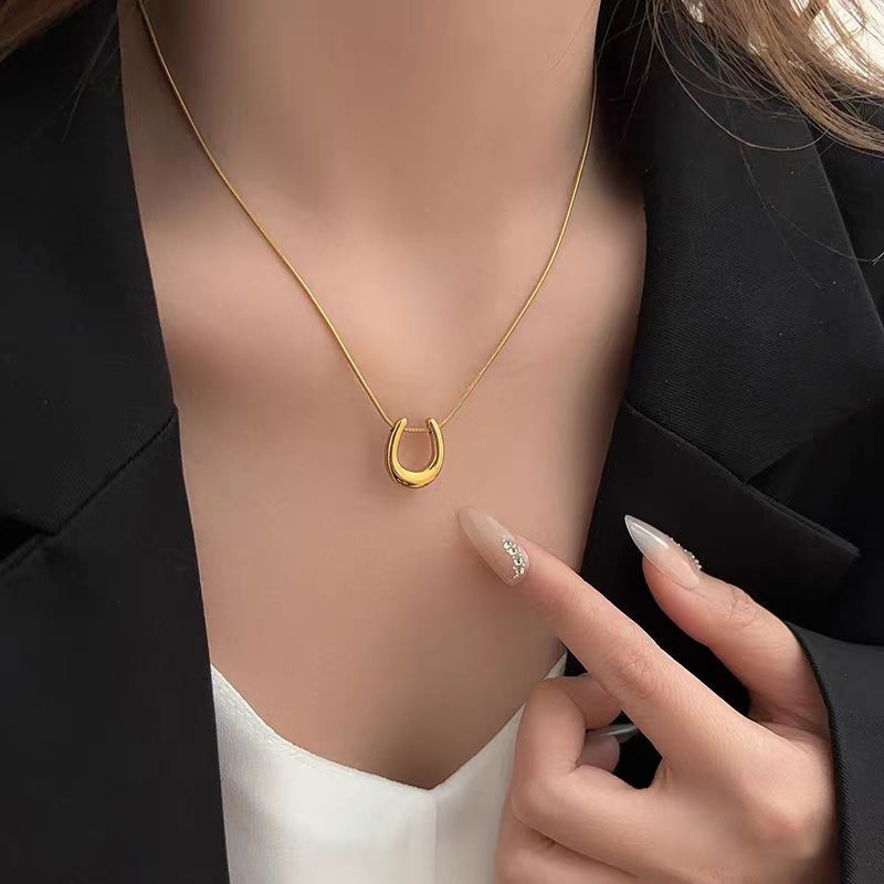 Collier pendentif fer à cheval en forme de U haut de gamme en acier titane pour femme, chaîne clavicule simple et polyvalente_voghion.com