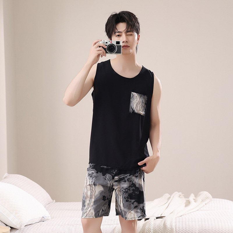 Men's Cotton Silk Pajama Set, Sleeveless Shorts, Thin Style, Suitable for Wearing Outside, Home Wear, Artificial Cotton, Summer Thin Style, Suitable for Wearing Outside Men's Cotton Silk Pajama Set, Sleeveless Shorts, Thin Style, Suitable for Wearing Outside, Home Wear, Artificial Cotton, Summer Thin Style, Suitable for Wearing Outside
