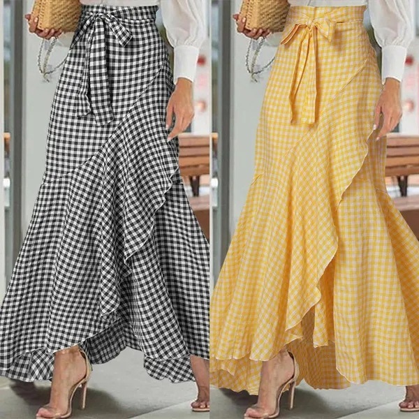 Cross-border Women's plaid mermaid skirt ruffled irregular hem high waist casual umbrella wrap maxi skirt