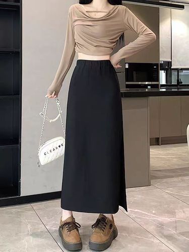 Black suit with side slit long dress, high-waisted, flattering, A-line mini dress, 2024 spring and autumn new arrival medium-length one-piece skirt