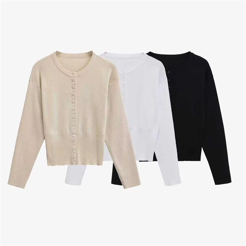 Foreign Trade 2024 European and American Autumn New Elegant Round Neck Single-Breasted Long-Sleeved Pure Color Knitwear Cardigan for Women 2142114