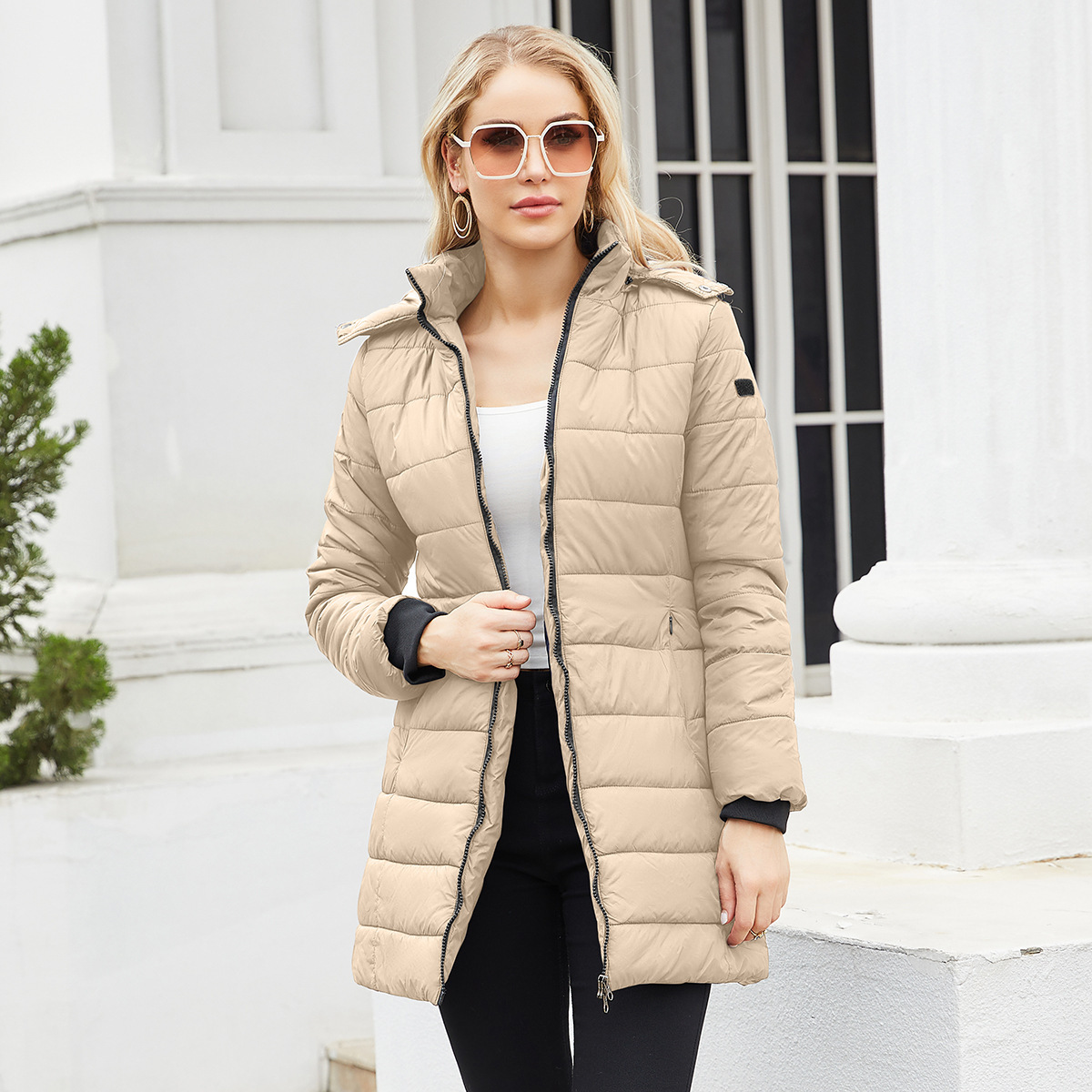 Parka de mujer con capucha desmontable y abrigo de algodón de manga larga repelente al agua_voghion.com