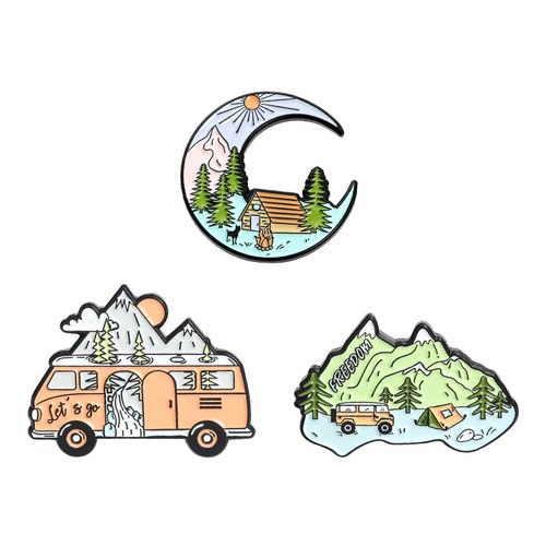 Customized New Style Creative Landscape Picture Moon-Shaped Brooch Personality Bus Accessories Mountain Decor Brooch