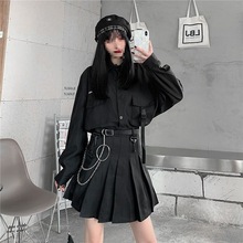 帅气套装女潮秋季韩版暗黑系百褶裙长袖衬衫年新款时尚两件套