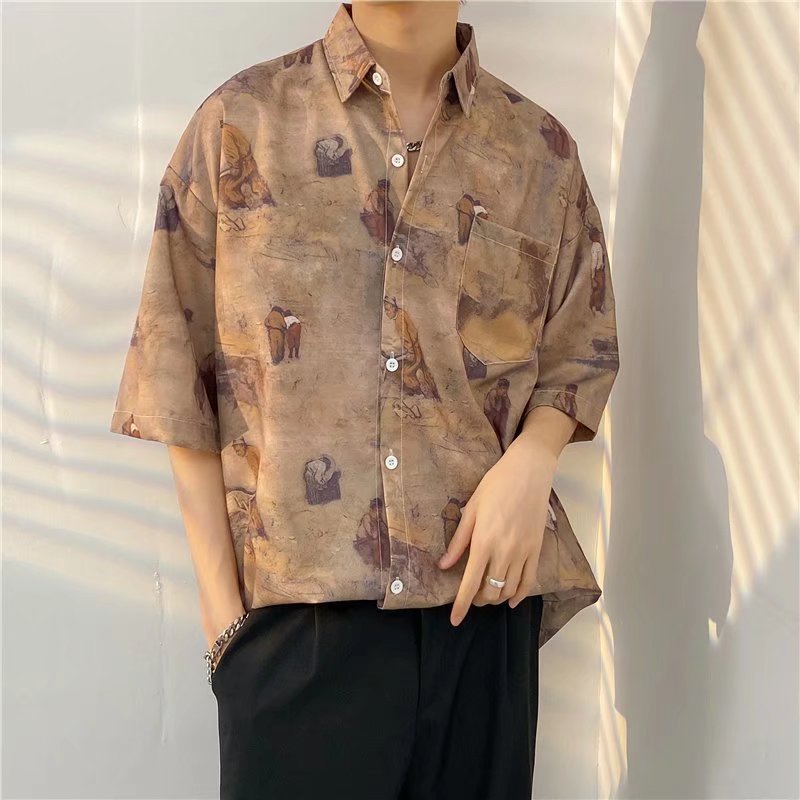 Hong Kong estilo Retro Vintage floral camisa manga corta Estilo Hawaiano tailandés diseño Ruan guapo camisa suelta para hombres y mujeres