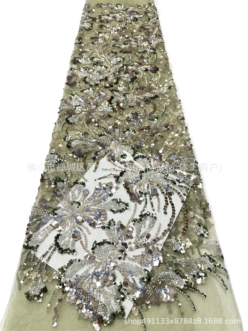 Nuevo fresco clavos de cuentas sequinilla tela de malla bordada floral de color brindis de novia vestido de noche tela image 9
