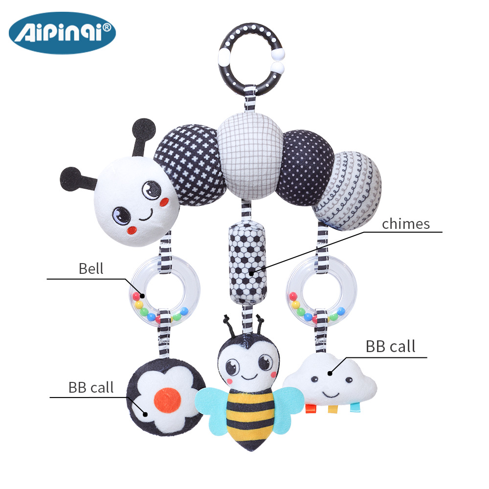 Aipinqi nuevo bebé blanco y negro campana de viento animal 0 - 3 años cocodrilo bebé juguetes de peluche al por mayor en stock