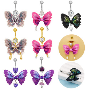 Perforated European and American Cross-Border Fashion Light Luxury Colorful Butterfly Sparkling Navel Ring Piercing Navel Button Piercing Jewelry Factory
