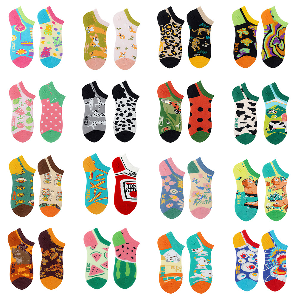 SMLSOX原创设计AB时尚不对称鸳鸯百搭网红潮流ins彩色棉短船袜子