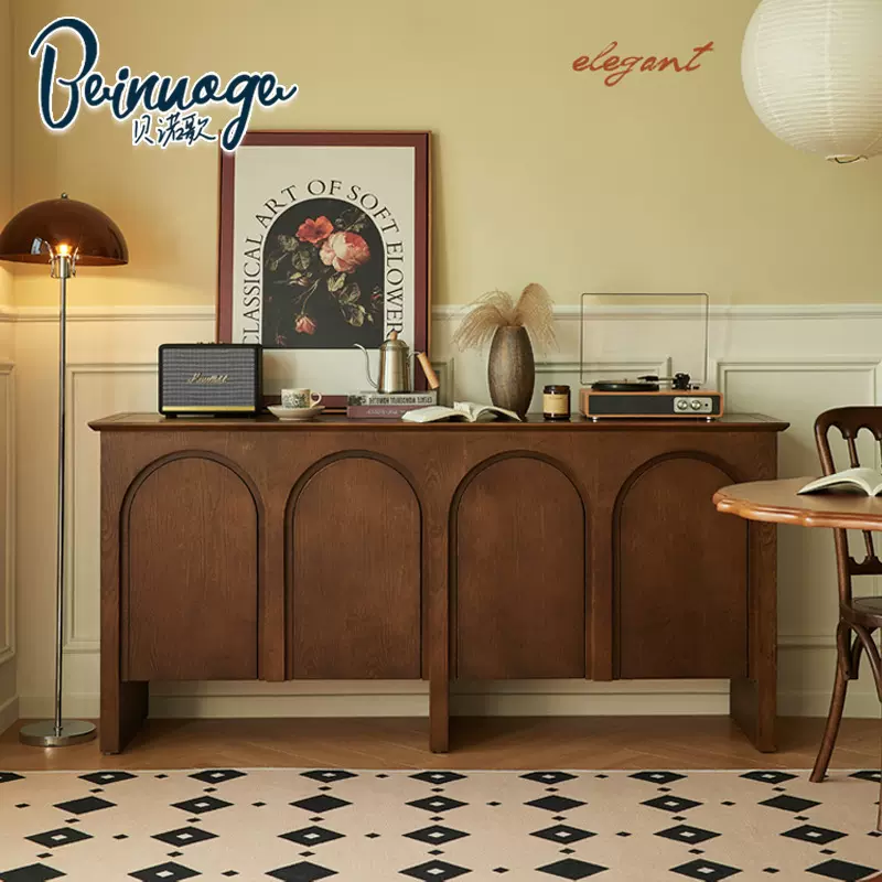 法式中古风拱形门实木餐边柜复古靠墙茶水柜玄关储物斗柜客厅家用
