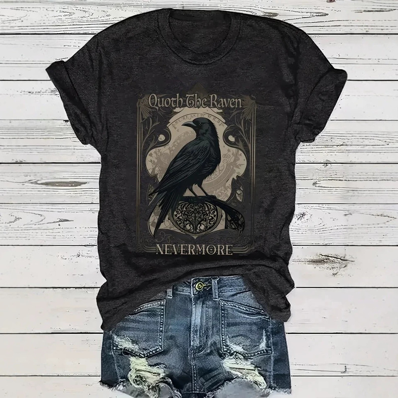 European Size Raven Never Dies Women's T-Shirt - Gothic Poetry Graphic, Casual Black Academic Top