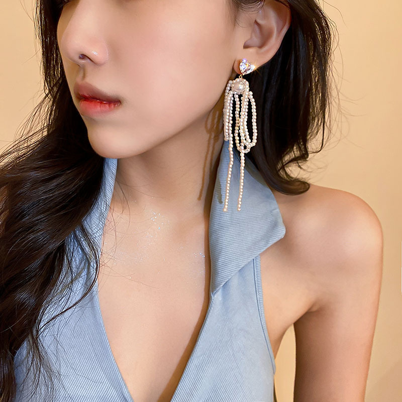 Fashion Crystal Pearl Bow Tassel Earrings Wholesale Nihaojewelry display picture 6