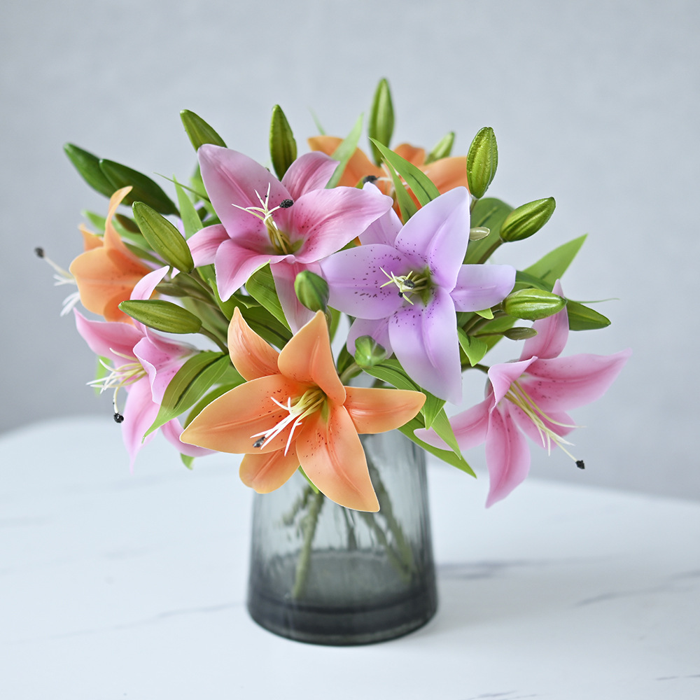 仿真花單支3頭手感百合36厘米婚慶家居裝飾攝影道具假花廠家批發