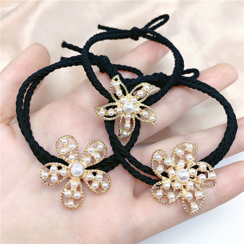 Korean Version Of Sweet Temperament Simple Hollow Pearl Flower Metal Hair Ring Hair Accessories Hair Rope Rubber Band Female Headband