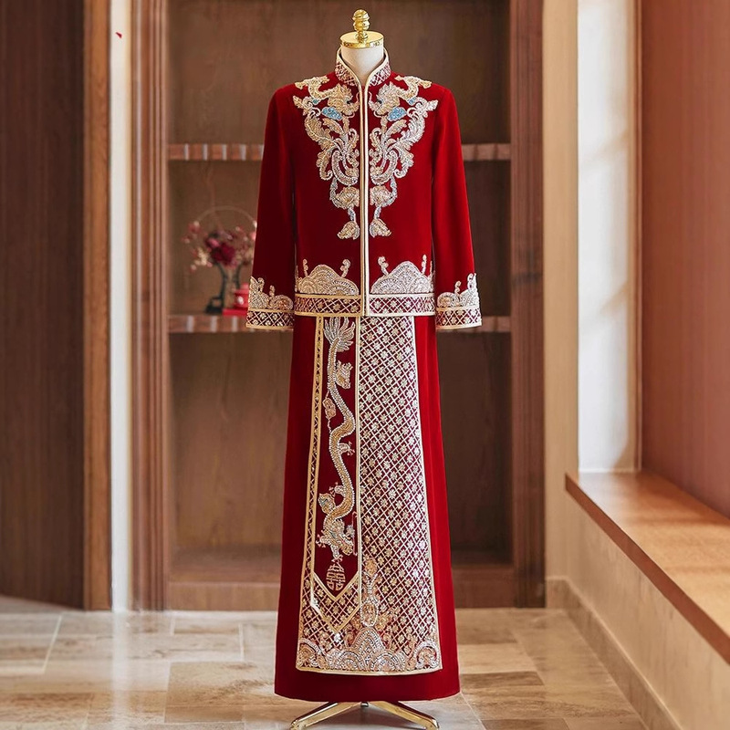Men's Burgundy Velvet Traditional Chinese Wedding Attire 2025 Dragon and Phoenix Gown Tang Suit Groom Outfit Hanfu