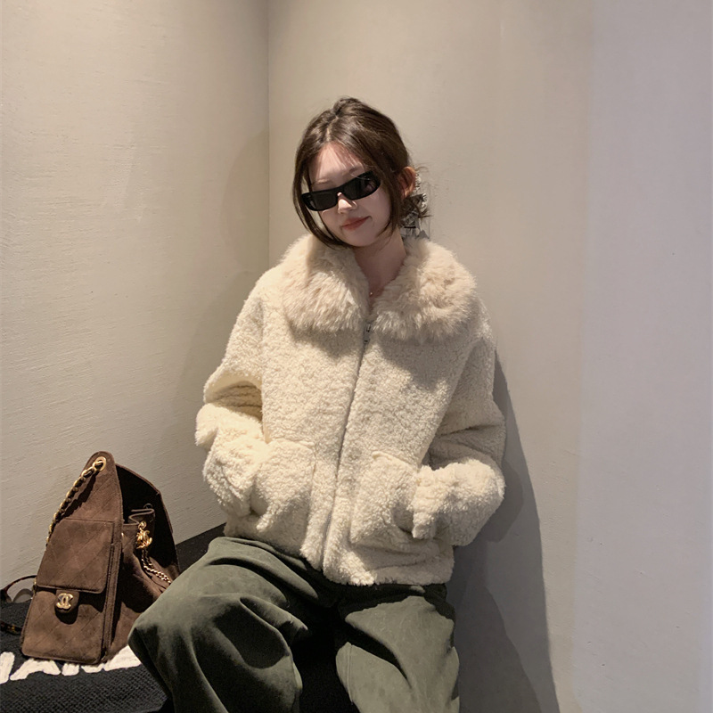 Opening Homemade Winter Warm Velvet Fur Collar Warm Thick Korean Lamb Wool Outwear Women's Winter Jacket Top