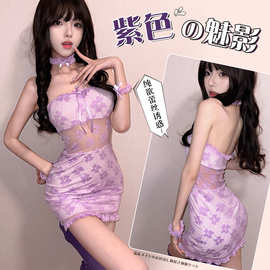 性感情趣内衣女抹胸吊带裙纯欲蕾丝紫色韵味诱惑睡衣免脱套装8262