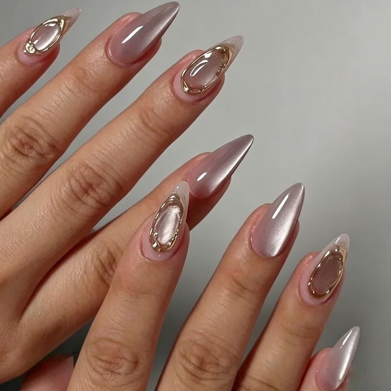 Mid-Length Almond-Shaped Nails with Fine Glitter, Light Purple Cat Eye, Gold Embellishments, Cute, Sweet, Cool, Elegant, Trendy, European and American Style, Popular Across Borders Mid-Length Almond-Shaped Nails with Fine Glitter, Light Purple Cat Eye, Gold Embellishments, Cute, Sweet, Cool, Elegant, Trendy, European and American Style, Popular Across Borders