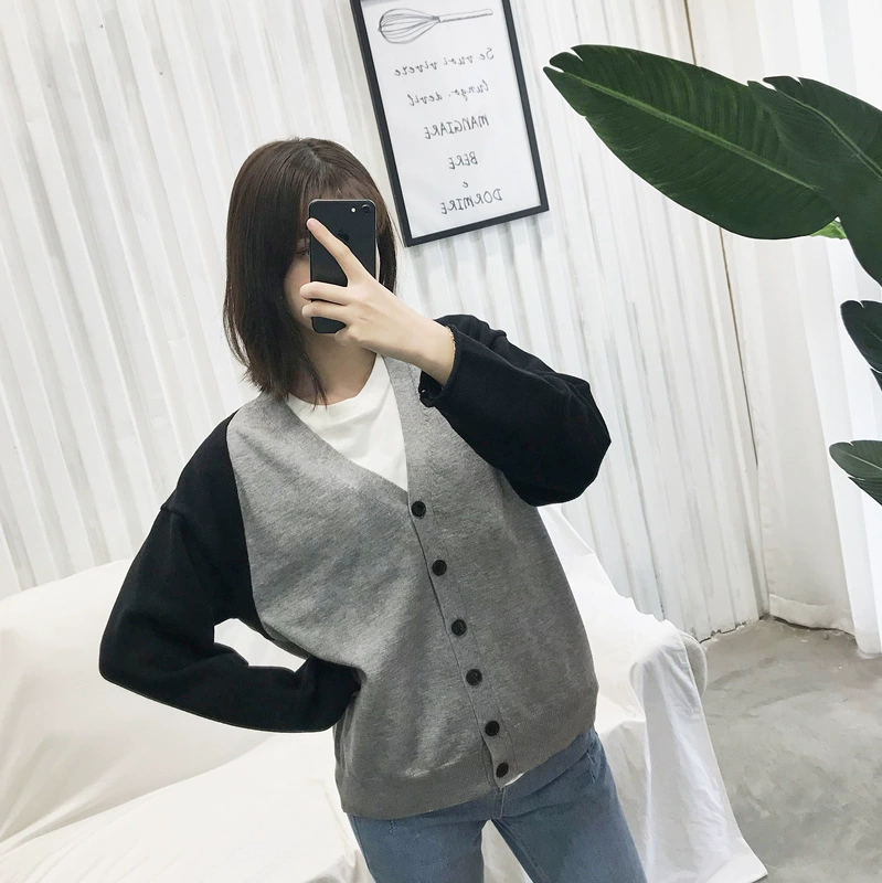 Не возвращает кардиган ALU Color 8202 ранней весной новый красный сетчатый трикотажный цвет контрастный свободный свитер с V-образным вырезом для женщин