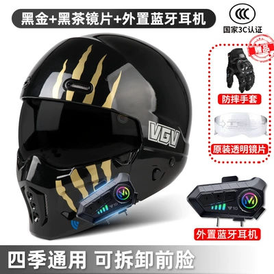 3C Motorcycle Helmet Scorpion Combination: Motosiklet dəbilqələri - s-black-gold-black-tea-lenses-external-bluetooth-free-transparent-lenses-gloves-headgear