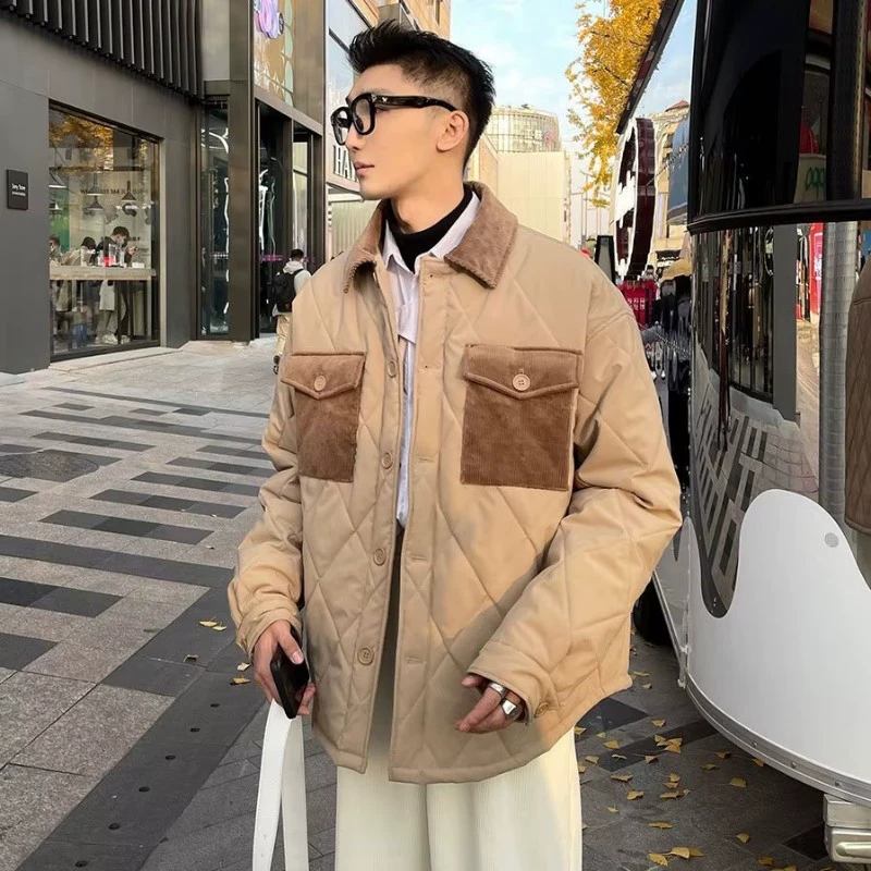 Осенняя и зимняя новая короткая решетка хлопчатобумажная одежда цвета хаки мужские вельветы лацканные хлопчатобумажные куртки высокого уровня