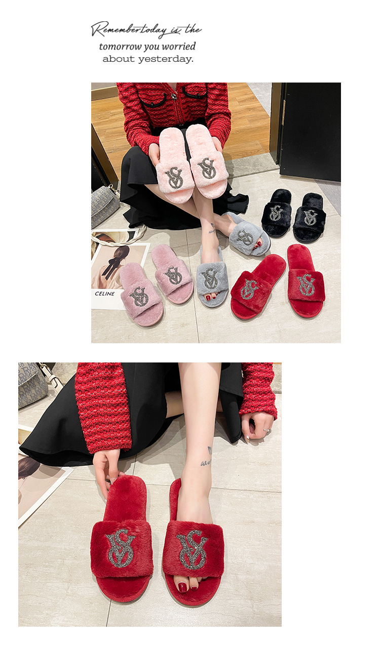 Utrikeshandel Nya Rhinestone Fleece Tofflor Dam S Inomhus Hem Ljus Diamant Varmt Mode Öppen bomull Cross Border_voghion.com