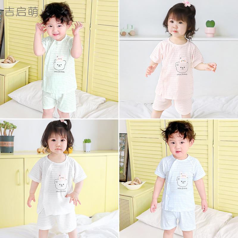 Traje de manga corta para bebés, ropa fina de algodón para niños de verano, niños y niñas divididos, ropa de verano para bebés de dos piezas