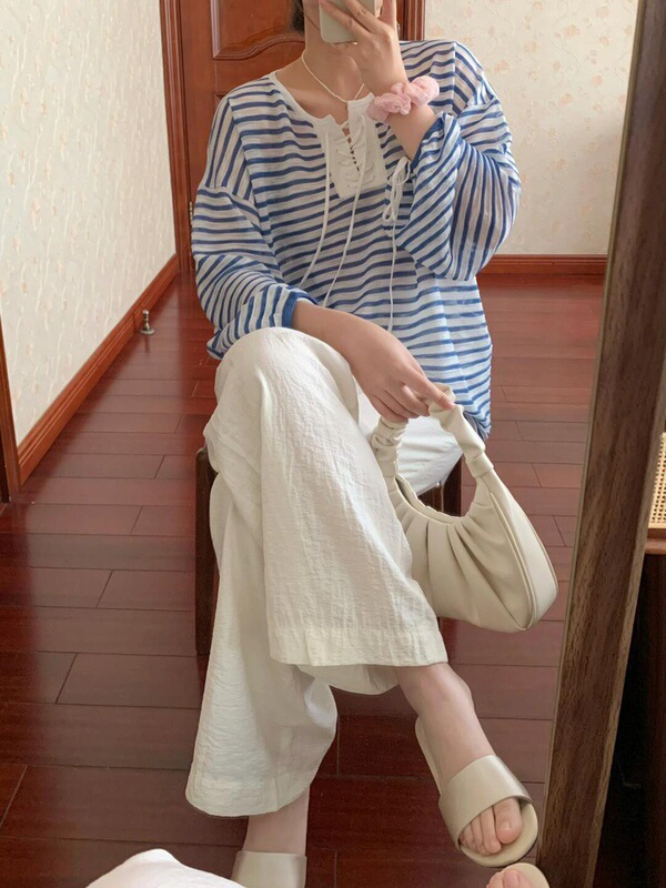 蓝色条纹针织防晒罩衫女夏季薄款宽松吊带外搭长袖t恤空调衫上衣|undefined