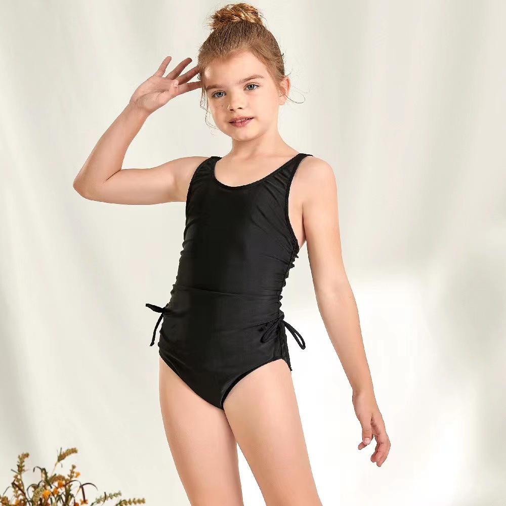 Amazon 2022 Girls' One-Piece Bikini Solid Color Ruched Tie-Up Swimming Pool Competition Swimsuit Sporty Style