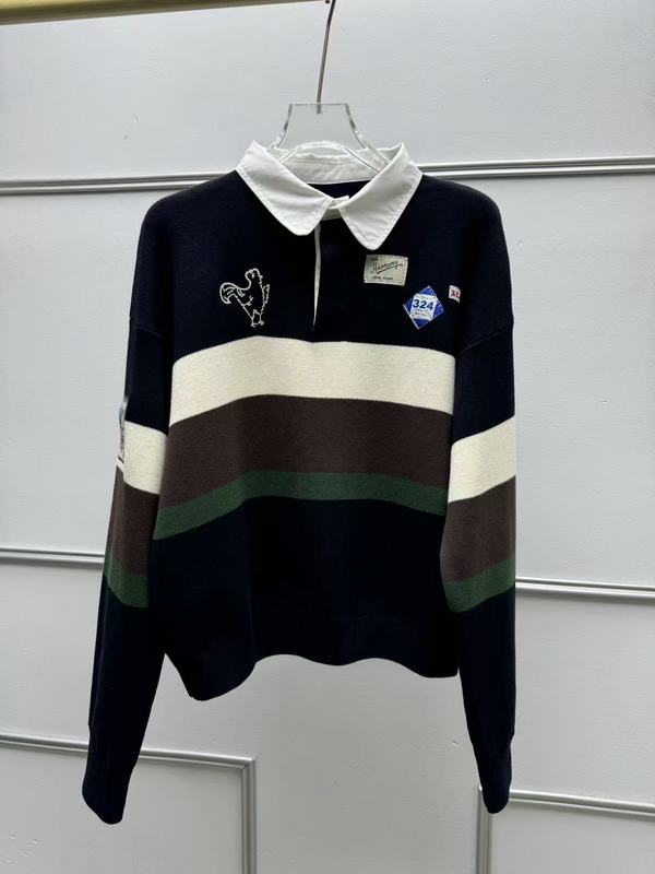南油法式polo衫毛衣长袖女复古拼色刺绣橄榄秋翻领宽松休闲针织衫|undefined