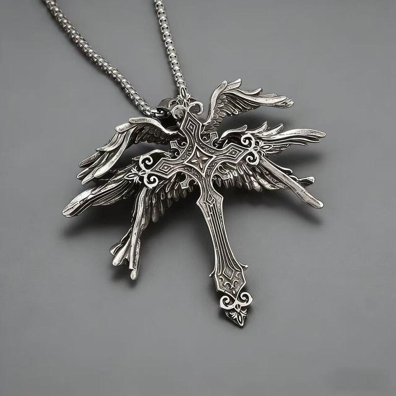 Vintage Dark Angel Wings Cross Necklace Unisex Trendy Personality Wing Pendant Sweater Chain